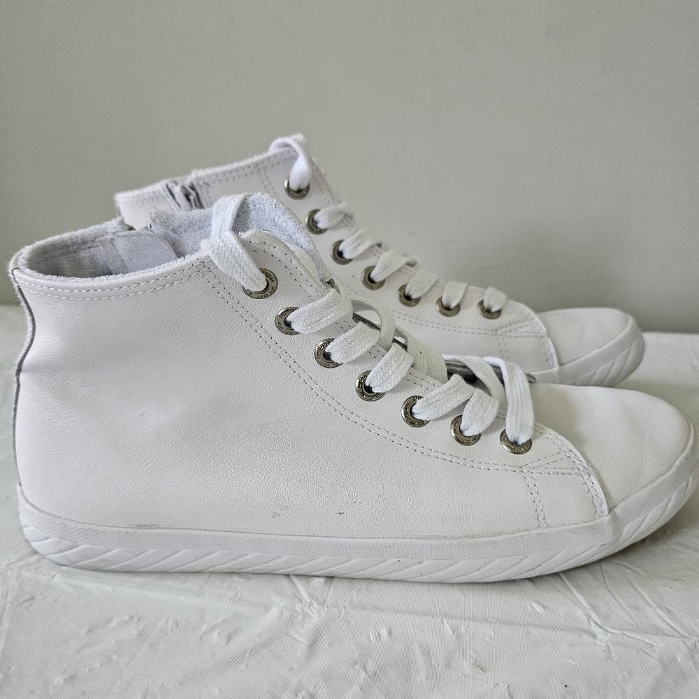 BLU D'OR Soft White Leather Side Zip High Top Sneakers, Shoes